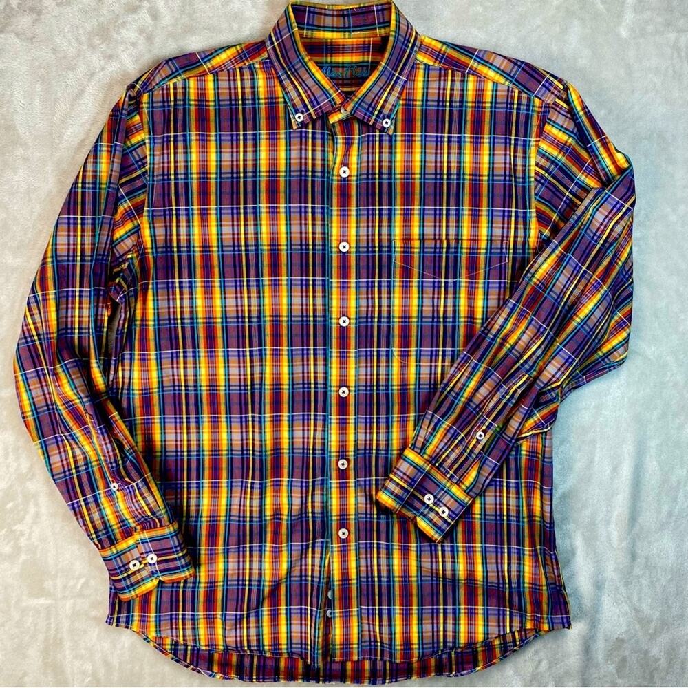 Alan‎ Flusser Men's Colorful Plaid Button Down Shirt Size Medium Pocket Designer